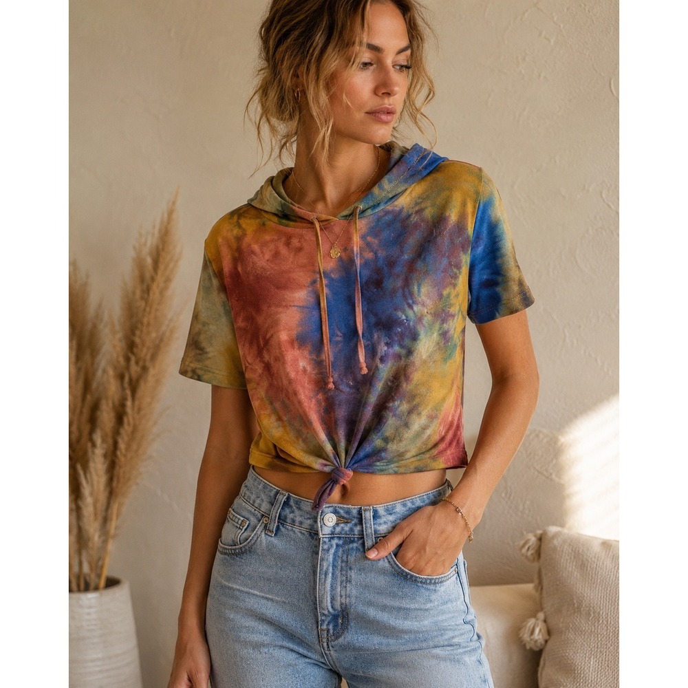 Madrag Tie Dye Short Sleeve Hoodie Multi Color Front Tie Crop Top Small